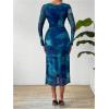 imageMakeMeChic Womens Elegant Tie Dye Mesh Ruched Long Sleeve Round Neck Bodycon Midi Long DressesRoyal Blue