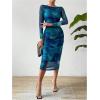 imageMakeMeChic Womens Elegant Tie Dye Mesh Ruched Long Sleeve Round Neck Bodycon Midi Long DressesRoyal Blue