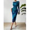 imageMakeMeChic Womens Elegant Tie Dye Mesh Ruched Long Sleeve Round Neck Bodycon Midi Long DressesRoyal Blue