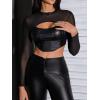 imageMakeMeChic Womens Faux Leather Crop Tops Y2K Cut Out Mesh Sheer Long Sleeve Mock Neck Tee ShirtsBlack