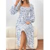 imageMakeMeChic Womens Floral Lantern Long Sleeve Dress Square Neck Ruffle Hem Dresses Shirred A Line Vacation DressesBlue and White