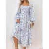 imageMakeMeChic Womens Floral Lantern Long Sleeve Dress Square Neck Ruffle Hem Dresses Shirred A Line Vacation DressesBlue and White