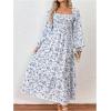 imageMakeMeChic Womens Floral Lantern Long Sleeve Dress Square Neck Ruffle Hem Dresses Shirred A Line Vacation DressesBlue and White