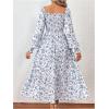 imageMakeMeChic Womens Floral Lantern Long Sleeve Dress Square Neck Ruffle Hem Dresses Shirred A Line Vacation DressesBlue and White