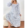 imageMakeMeChic Womens Floral Lantern Long Sleeve Dress Square Neck Ruffle Hem Dresses Shirred A Line Vacation DressesBlue and White