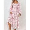 imageMakeMeChic Womens Floral Lantern Long Sleeve Dress Square Neck Ruffle Hem Dresses Shirred A Line Vacation DressesRed