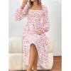 imageMakeMeChic Womens Floral Lantern Long Sleeve Dress Square Neck Ruffle Hem Dresses Shirred A Line Vacation DressesRed