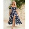 imageMakeMeChic Womens Floral Maxi Dress Cold Shoulder Split Thigh Belted A Line Long Summer DressNavy Blue