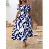 imageMakeMeChic Womens Floral Print Boho Dress Off Shoulder Shirred Split Thigh Midi Long DressesBblue and White