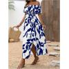 imageMakeMeChic Womens Floral Print Boho Dress Off Shoulder Shirred Split Thigh Midi Long DressesBblue and White