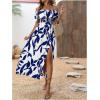 imageMakeMeChic Womens Floral Print Boho Dress Off Shoulder Shirred Split Thigh Midi Long DressesBblue and White