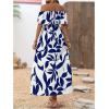 imageMakeMeChic Womens Floral Print Boho Dress Off Shoulder Shirred Split Thigh Midi Long DressesBblue and White