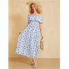 imageMakeMeChic Womens Floral Print Boho Dress Off Shoulder Shirred Split Thigh Midi Long DressesBlue and White