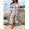imageMakeMeChic Womens Floral Print Boho Dress Off Shoulder Shirred Split Thigh Midi Long DressesBlue and White