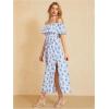 imageMakeMeChic Womens Floral Print Boho Dress Off Shoulder Shirred Split Thigh Midi Long DressesBlue and White