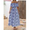 imageMakeMeChic Womens Floral Print Boho Dress Off Shoulder Shirred Split Thigh Midi Long DressesBmulticolor