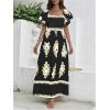 imageMakeMeChic Womens Floral Print Layered Short Sleeve Square Neck Ruffle High Waist A Line Summer Long DressBlack