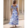 imageMakeMeChic Womens Floral Print Layered Short Sleeve Square Neck Ruffle High Waist A Line Summer Long DressBlue and White