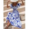 imageMakeMeChic Womens Floral Print Layered Short Sleeve Square Neck Ruffle High Waist A Line Summer Long DressBlue and White