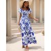 imageMakeMeChic Womens Floral Print Layered Short Sleeve Square Neck Ruffle High Waist A Line Summer Long DressBlue and White