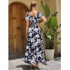 imageMakeMeChic Womens Floral Print Layered Short Sleeve Square Neck Ruffle High Waist A Line Summer Long DressNavy Blue