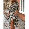 imageMakeMeChic Womens Leopard Print Dress Button Front 34 Roll Sleeve Collared Midi DressesBrown