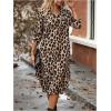 imageMakeMeChic Womens Leopard Print Dress Button Front 34 Roll Sleeve Collared Midi DressesMulticolor