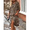 imageMakeMeChic Womens Leopard Print Dress Button Front 34 Roll Sleeve Collared Midi DressesMulticolor