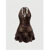 imageMakeMeChic Womens Leopard Print Ruffle Tiered A Line Dress Halter Tie Back Ruched Mini DressesBrown
