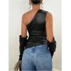 imageMakeMeChic Womens One Shoulder Leather Blouse Asymmetrical Hem Tops with Arm Warmer SetBlack