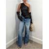 imageMakeMeChic Womens One Shoulder Leather Blouse Asymmetrical Hem Tops with Arm Warmer SetBlack