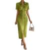 imageMakeMeChic Womens Casual Ruched Short Sleeve Collared Neck Button Down Bodycon Long Midi DressesOlive Green
