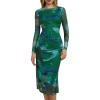 imageMakeMeChic Womens Elegant Tie Dye Mesh Ruched Long Sleeve Round Neck Bodycon Midi Long DressesGreen