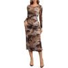 imageMakeMeChic Womens Elegant Tie Dye Mesh Ruched Long Sleeve Round Neck Bodycon Midi Long DressesMocha Brown