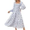 imageMakeMeChic Womens Floral Lantern Long Sleeve Dress Square Neck Ruffle Hem Dresses Shirred A Line Vacation DressesBlue and White