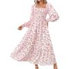 imageMakeMeChic Womens Floral Lantern Long Sleeve Dress Square Neck Ruffle Hem Dresses Shirred A Line Vacation DressesRed