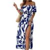 imageMakeMeChic Womens Floral Print Boho Dress Off Shoulder Shirred Split Thigh Midi Long DressesBblue and White