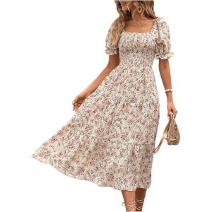imageMakeMeChic Womens Allover Floral Print Puff Short Sleeve Midi Summer Dress Ruffle Square Neck High Waist A Line DressApricot