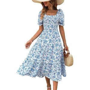 imageMakeMeChic Womens Allover Floral Print Puff Short Sleeve Midi Summer Dress Ruffle Square Neck High Waist A Line DressBlue and White