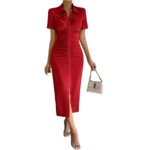 imageMakeMeChic Womens Casual Ruched Short Sleeve Collared Neck Button Down Bodycon Long Midi DressesRose Red