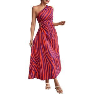 imageMakeMeChic Womens Casual Striped Cut Out One Shoulder Sleeveless High Waist Summer A Line Maxi DressesMulti a