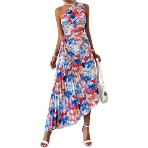 imageMakeMeChic Womens Casual Striped Cut Out One Shoulder Sleeveless High Waist Summer A Line Maxi DressesRed and Blue