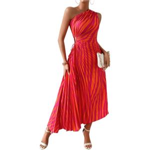 imageMakeMeChic Womens Casual Striped Cut Out One Shoulder Sleeveless High Waist Summer A Line Maxi DressesStriped Orange