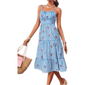 imageMakeMeChic Womens Cherry Gingham Cami Dress Spaghetti Strap Ruffle Tiered Summer Midi DressesBlue