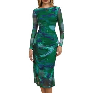 imageMakeMeChic Womens Elegant Tie Dye Mesh Ruched Long Sleeve Round Neck Bodycon Midi Long DressesGreen