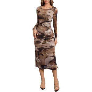imageMakeMeChic Womens Elegant Tie Dye Mesh Ruched Long Sleeve Round Neck Bodycon Midi Long DressesMocha Brown