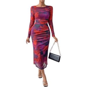 imageMakeMeChic Womens Elegant Tie Dye Mesh Ruched Long Sleeve Round Neck Bodycon Midi Long DressesRed