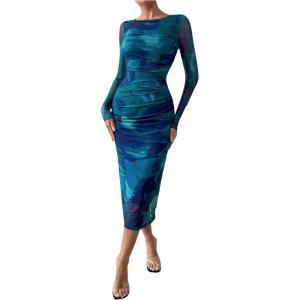 imageMakeMeChic Womens Elegant Tie Dye Mesh Ruched Long Sleeve Round Neck Bodycon Midi Long DressesRoyal Blue