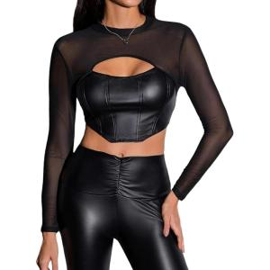 imageMakeMeChic Womens Faux Leather Crop Tops Y2K Cut Out Mesh Sheer Long Sleeve Mock Neck Tee ShirtsBlack