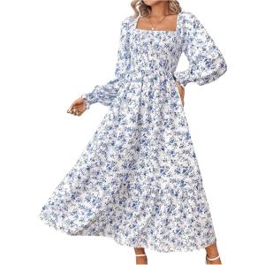 imageMakeMeChic Womens Floral Lantern Long Sleeve Dress Square Neck Ruffle Hem Dresses Shirred A Line Vacation DressesBlue and White